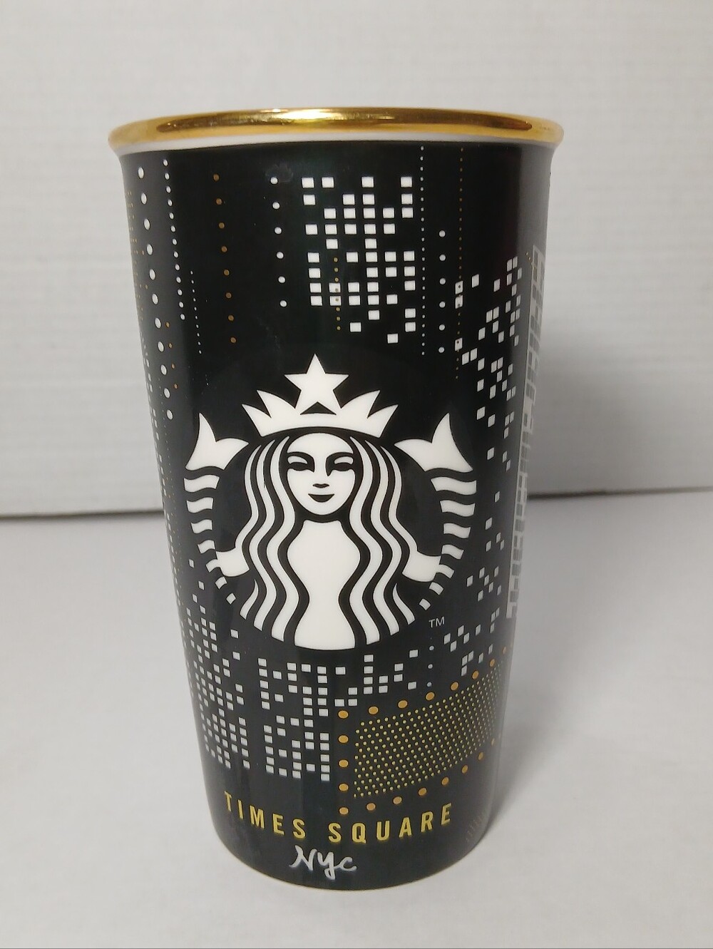 STARBUCKS Black & Gold NYC Ceramic Tumbler Mug, New York, Times Square, Broadway